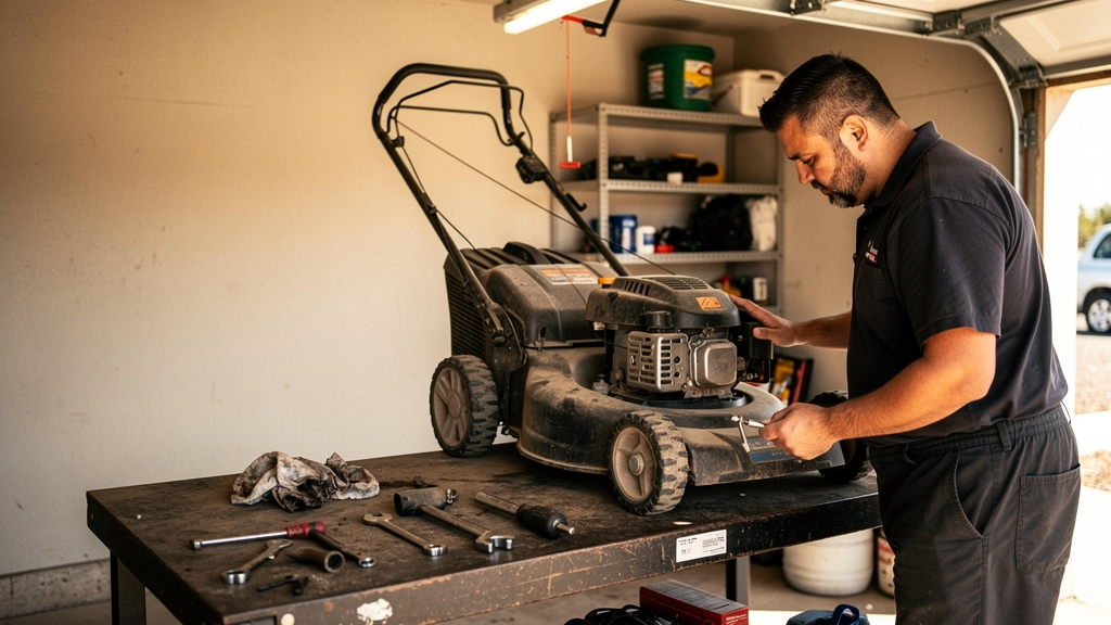 Technician inspecting a residential lawn mower engine in a San Antonio-area garage