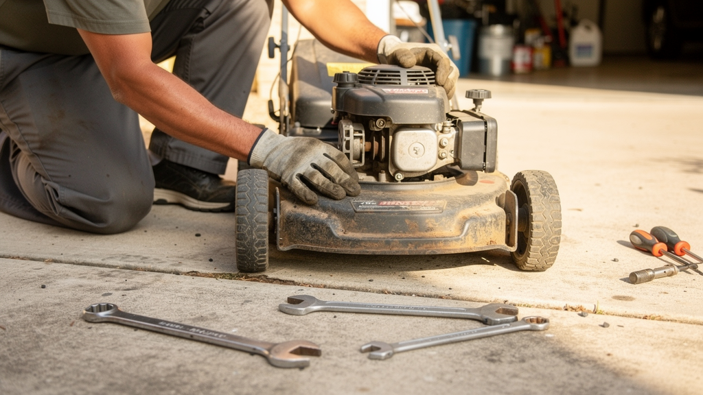 Technician diagnosing a residential lawn mower engine and drive system